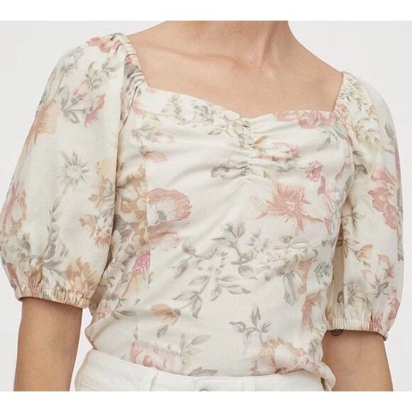 Linen square neck puff sleeve cropped blouse floral size M - Picture 8 of 14